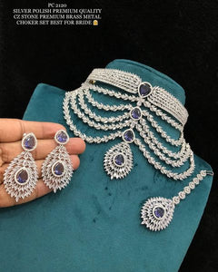 Blue Ad Stone With Shiny Silver Border Choker