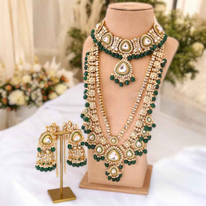 Elegant Green Moti Necklace with Golden Floral Motifs and Mirror Accents