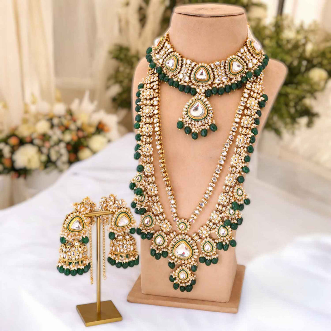 Elegant Green Moti Necklace with Golden Floral Motifs and Mirror Accents