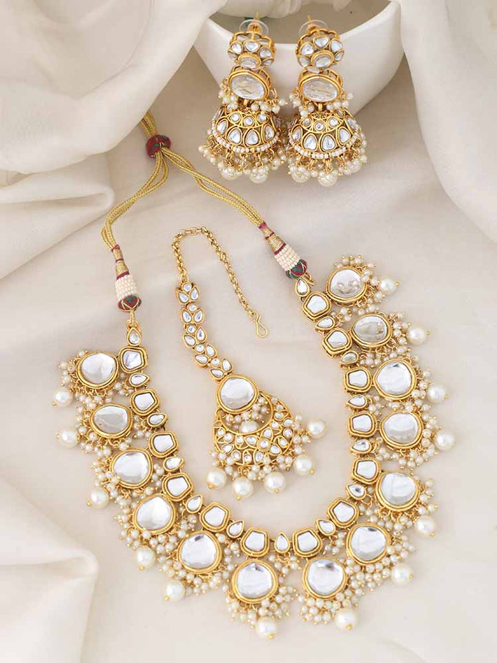 Elegant Golden Mirror Work Necklace Set with Matching Earrings